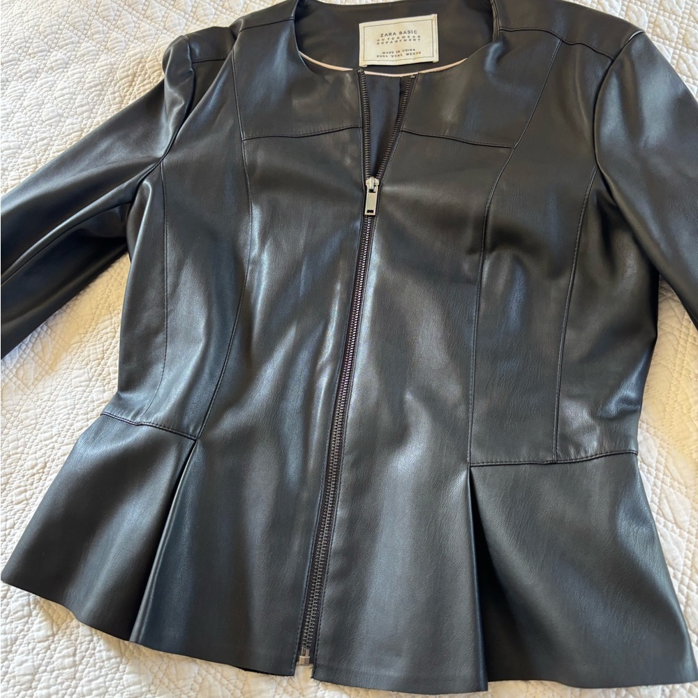 Zara Black faux tv Leather Peplum Jacket with Tailored Fit